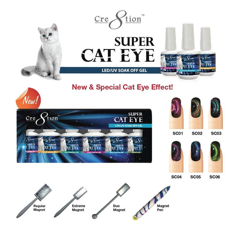 Cre8tion - Super Cat Eye Soak Off Gel Full Set - 06 Colors Collection - $9.00/each- included 1 C8 Top Coat and 1 Magnet