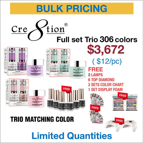 Cre8tion Trio Matching color - Full set 306 colors w/ 2 Cre8tion Signature Cordless lamp, 2 sets Color Chart, 1 set Display Foam & 6 Top Diamond 0.5oz