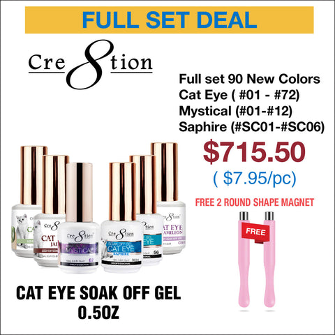 Cre8tion Cat Eye Soak Off Gel 0.5oz - Full Set 90 Colors - Cat Eye colors ( #01 - #72). Mystical Collection (#01-#12) & Saphire Cat Eye (#SC01-#SC06) w/ 2 Round Shape Magnet