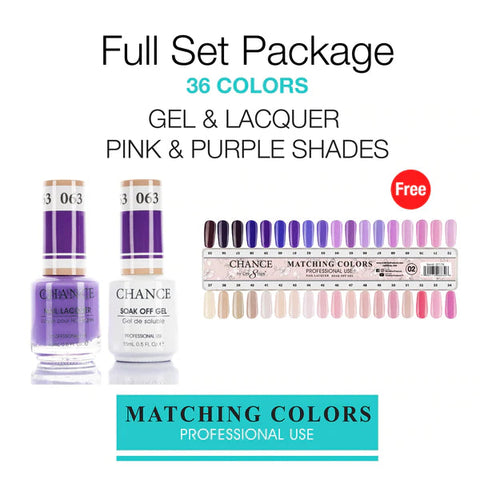 Chance Matching Color Gel & Nail Lacquer 0.5oz - 36 Colors #037 - #072 - Pink & Purple Shades Collection w/ 2 set Color Chart
