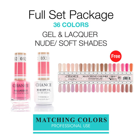 Chance Matching Color Gel & Nail Lacquer 0.5oz - 36 Colors #001-#036 - Nude/ Soft Shades Collection w/ 2 set Color Chart