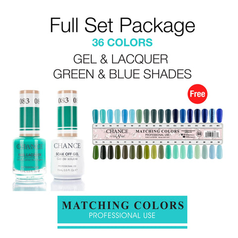 Chance Matching Color Gel & Nail Lacquer 0.5oz - 36 Colors #073 - #108 - Green & Blue Shades Collection w/ 2 set Color Chart