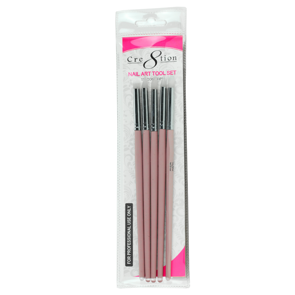 Cre8tion - Nail Art Tool Set 5 pcs. Silicone Tips- Pink Matte Wood Handle